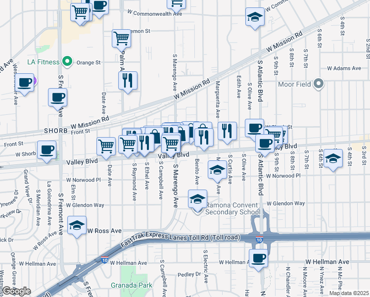 map of restaurants, bars, coffee shops, grocery stores, and more near 1645 West Valley Boulevard in Alhambra