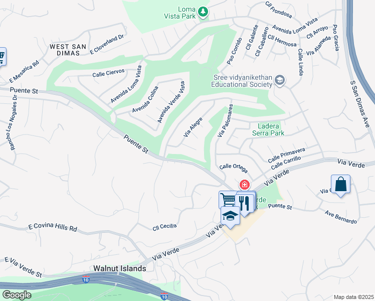 map of restaurants, bars, coffee shops, grocery stores, and more near 1326 Paseo Encinas in San Dimas