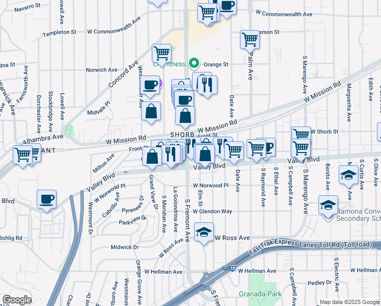 map of restaurants, bars, coffee shops, grocery stores, and more near 1324 South Fremont Avenue in Alhambra
