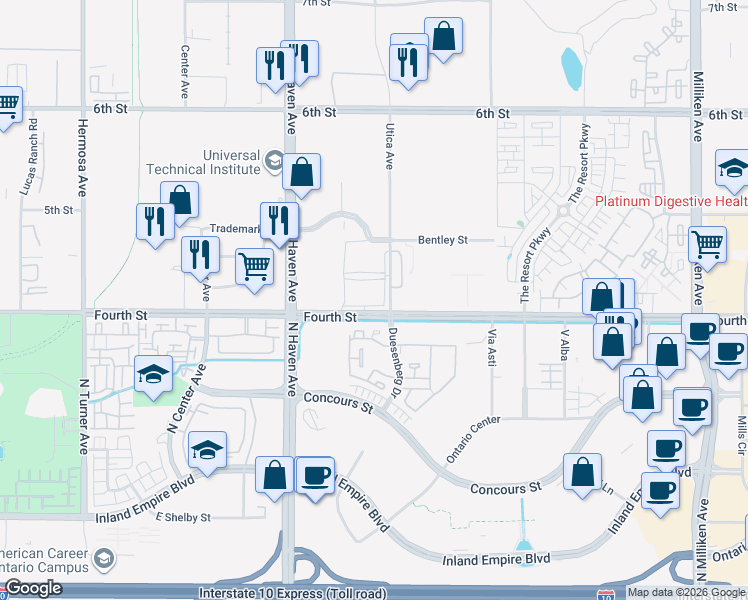 map of restaurants, bars, coffee shops, grocery stores, and more near 10650 East 4th Street in Rancho Cucamonga