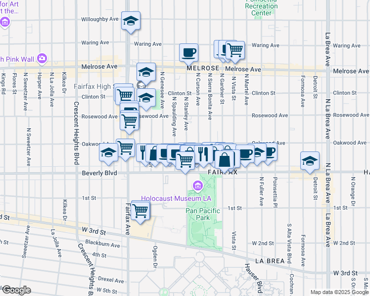 map of restaurants, bars, coffee shops, grocery stores, and more near 363 North Stanley Avenue in Los Angeles