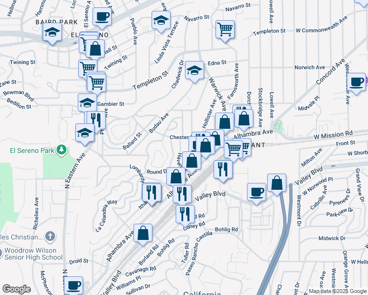 map of restaurants, bars, coffee shops, grocery stores, and more near 5210 Chester Street in Los Angeles