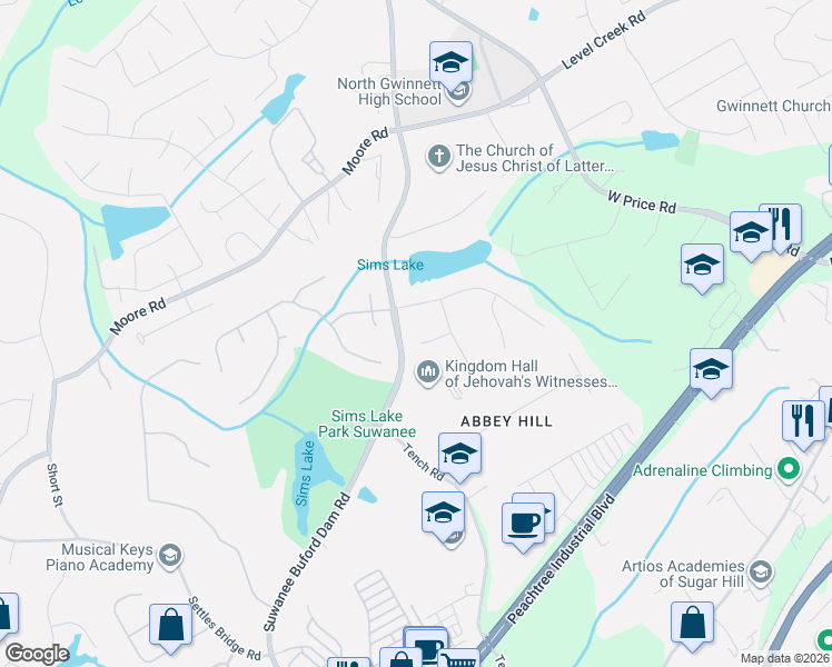 map of restaurants, bars, coffee shops, grocery stores, and more near 245 Walford Court in Suwanee