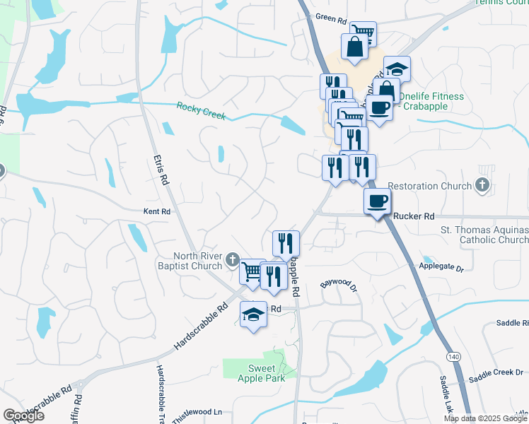 map of restaurants, bars, coffee shops, grocery stores, and more near 710 Wilde Rose Court in Roswell