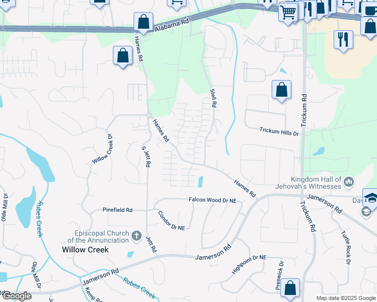 map of restaurants, bars, coffee shops, grocery stores, and more near 553 West Oaks Drive in Woodstock