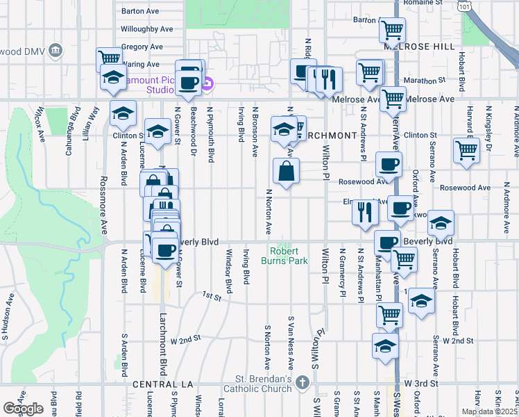 map of restaurants, bars, coffee shops, grocery stores, and more near 403 North Norton Avenue in Los Angeles