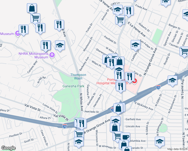 map of restaurants, bars, coffee shops, grocery stores, and more near 352 West Artesia Street in Pomona