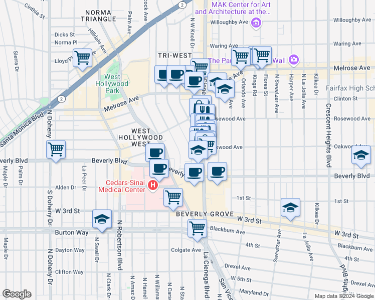 map of restaurants, bars, coffee shops, grocery stores, and more near 351 Westbourne Drive in West Hollywood