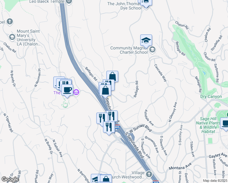 map of restaurants, bars, coffee shops, grocery stores, and more near 11687 Bellagio Road in Los Angeles