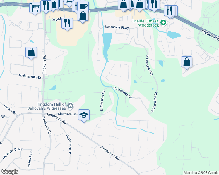 map of restaurants, bars, coffee shops, grocery stores, and more near South Cherokee Lane in Woodstock