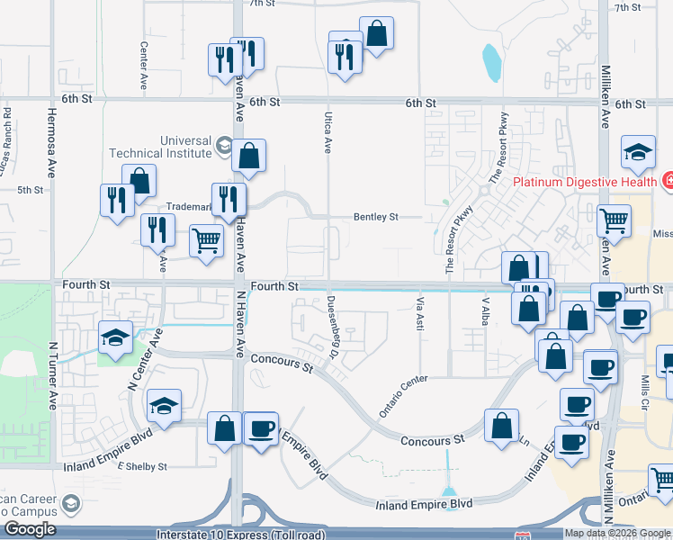 map of restaurants, bars, coffee shops, grocery stores, and more near 9595 Utica Avenue in Rancho Cucamonga
