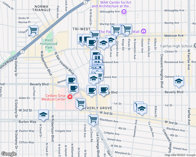 map of restaurants, bars, coffee shops, grocery stores, and more near 366 North La Cienega Boulevard in Los Angeles