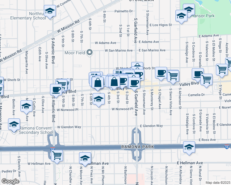 map of restaurants, bars, coffee shops, grocery stores, and more near 345A West Valley Boulevard in Alhambra