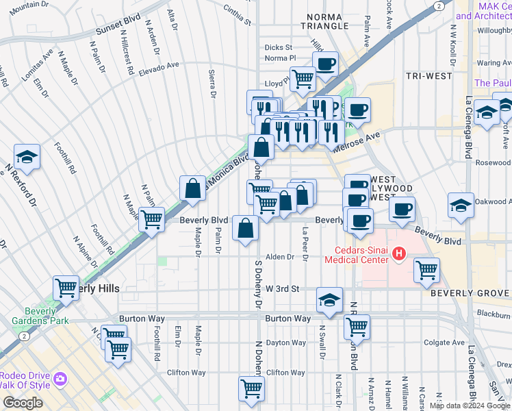 map of restaurants, bars, coffee shops, grocery stores, and more near 433 Doheny Drive in Beverly Hills