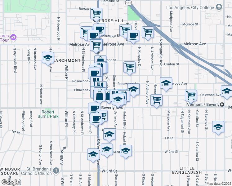 map of restaurants, bars, coffee shops, grocery stores, and more near 428 North Serrano Avenue in Los Angeles
