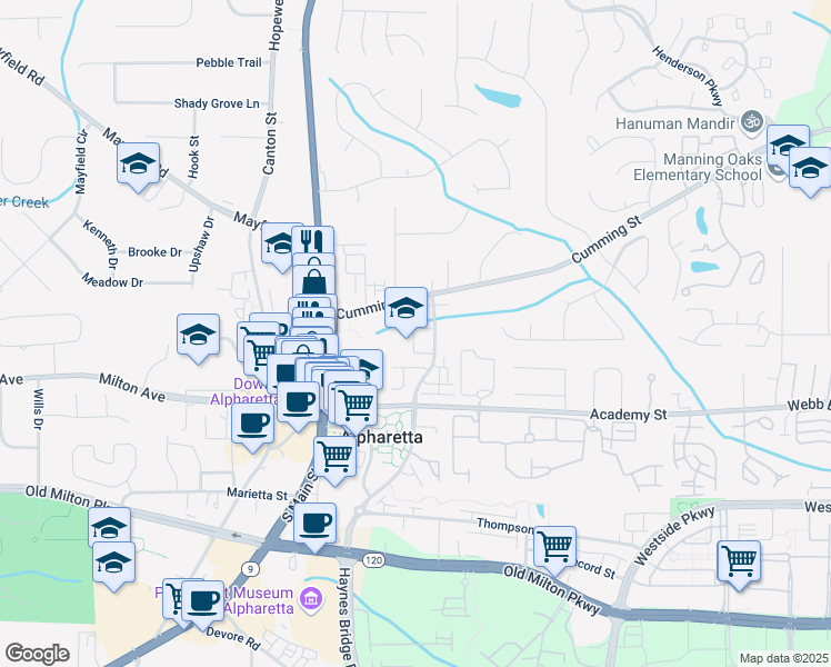 map of restaurants, bars, coffee shops, grocery stores, and more near 160 Cricket Lane in Alpharetta