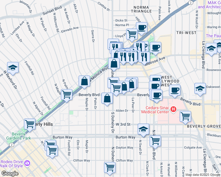 map of restaurants, bars, coffee shops, grocery stores, and more near 433 Doheny Drive in Beverly Hills