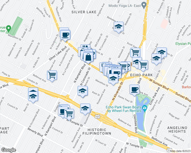map of restaurants, bars, coffee shops, grocery stores, and more near 1012 Coronado Terrace in Los Angeles