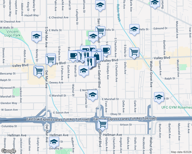 map of restaurants, bars, coffee shops, grocery stores, and more near 1717 South San Gabriel Boulevard in San Gabriel