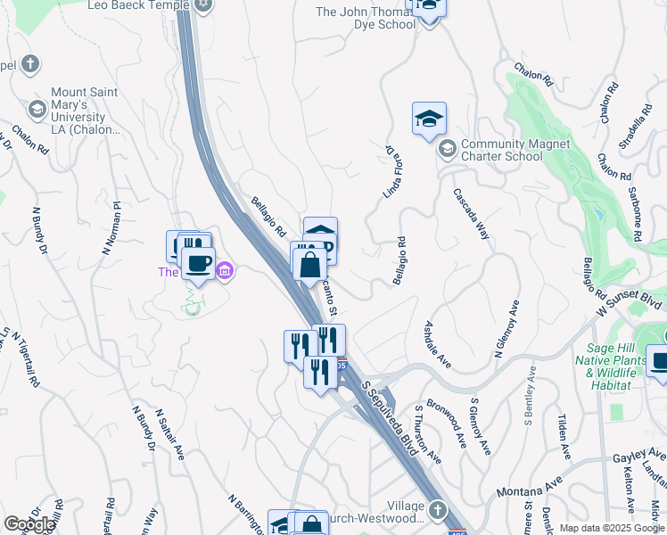 map of restaurants, bars, coffee shops, grocery stores, and more near 11687 Bellagio Road in Los Angeles