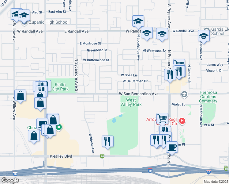 map of restaurants, bars, coffee shops, grocery stores, and more near 2134 Lavender Lane in Colton