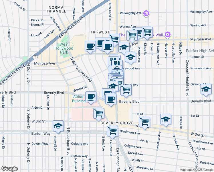 map of restaurants, bars, coffee shops, grocery stores, and more near 351 Westbourne Drive in West Hollywood
