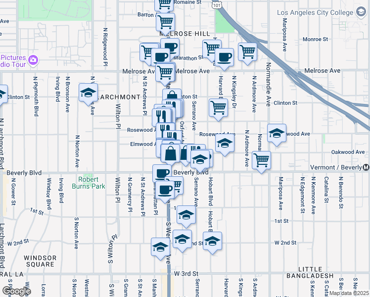 map of restaurants, bars, coffee shops, grocery stores, and more near 408 1/2 North Oxford Avenue in Los Angeles