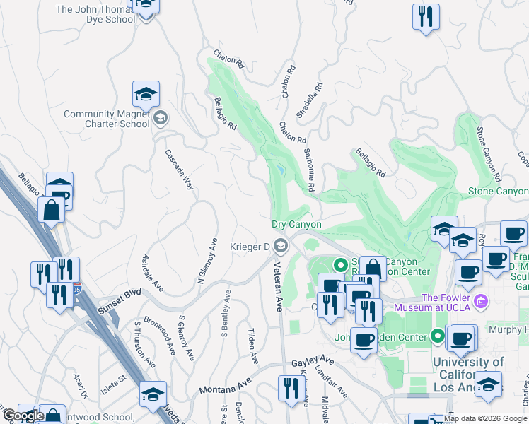 map of restaurants, bars, coffee shops, grocery stores, and more near 10934 Bellagio Road in Los Angeles