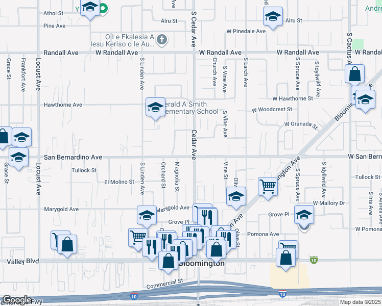 map of restaurants, bars, coffee shops, grocery stores, and more near 9688 Cedar Avenue in Bloomington