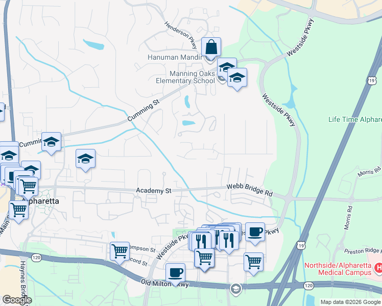 map of restaurants, bars, coffee shops, grocery stores, and more near 2705 Laurelwood Lane in Alpharetta
