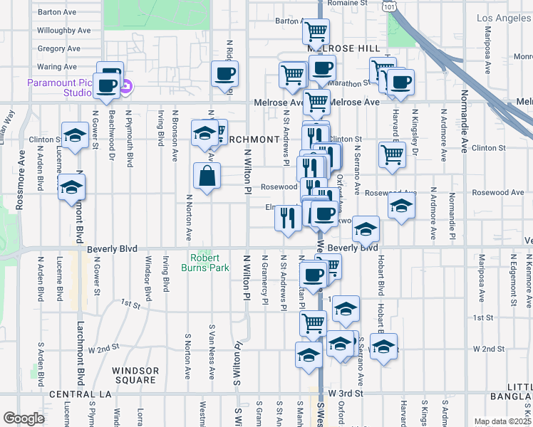 map of restaurants, bars, coffee shops, grocery stores, and more near 4830 Elmwood Avenue in Los Angeles