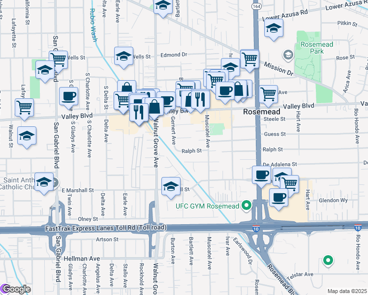 map of restaurants, bars, coffee shops, grocery stores, and more near 8739 Ralph Street in Rosemead