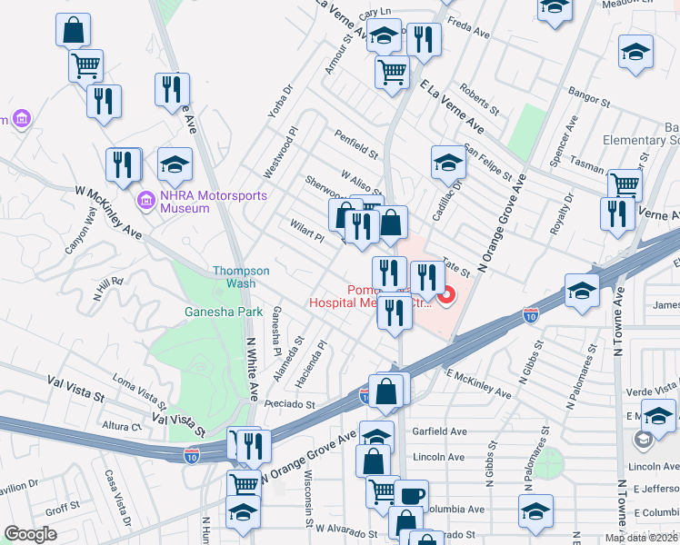 map of restaurants, bars, coffee shops, grocery stores, and more near 1748 Alameda Street in Pomona