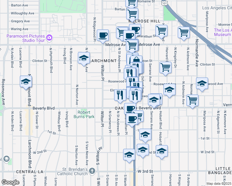 map of restaurants, bars, coffee shops, grocery stores, and more near 4806 Elmwood Avenue in Los Angeles