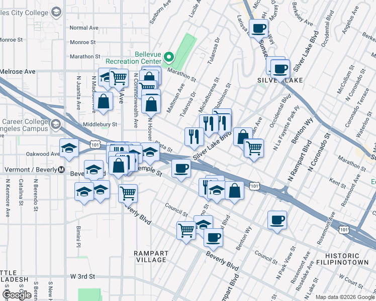 map of restaurants, bars, coffee shops, grocery stores, and more near 3310 London Street in Los Angeles