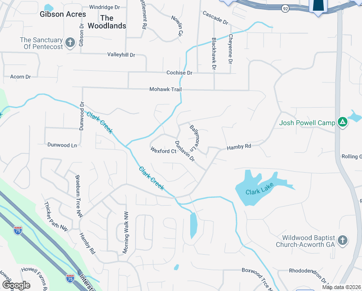 map of restaurants, bars, coffee shops, grocery stores, and more near 126 Dunlavin Drive in Acworth