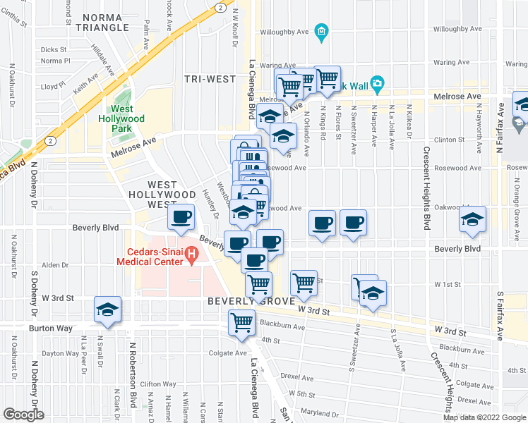 map of restaurants, bars, coffee shops, grocery stores, and more near 8472 Oakwood Avenue in Los Angeles