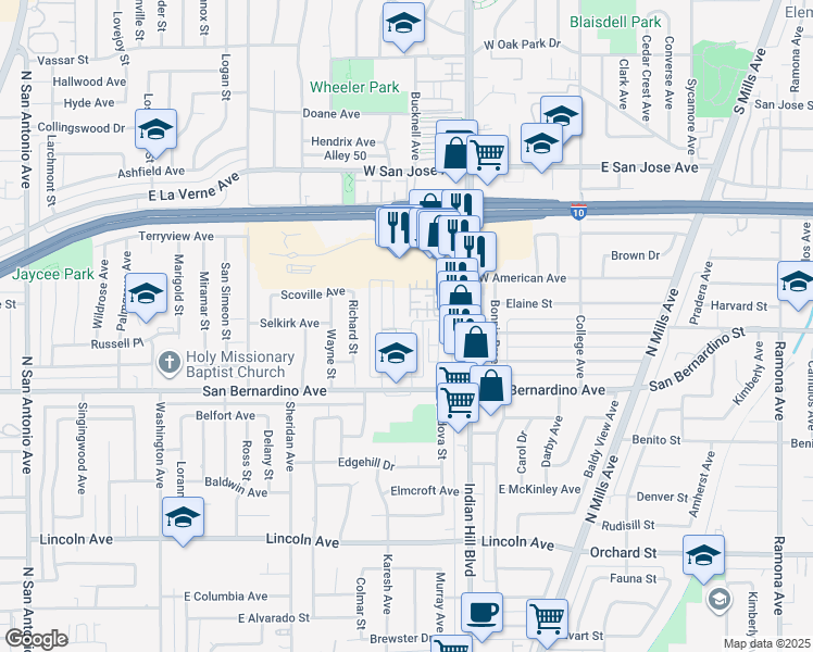 map of restaurants, bars, coffee shops, grocery stores, and more near 1823 Appleton Way in Pomona