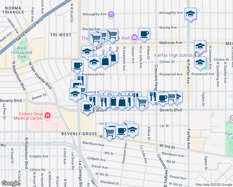 map of restaurants, bars, coffee shops, grocery stores, and more near 410 North Flores Street in Los Angeles