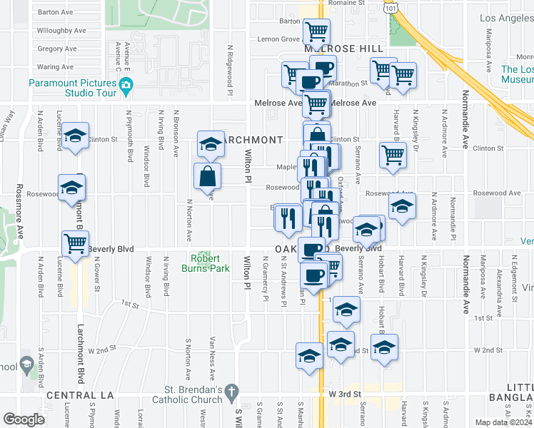 map of restaurants, bars, coffee shops, grocery stores, and more near 4830 Elmwood Avenue in Los Angeles