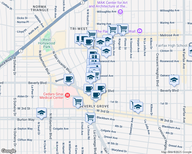 map of restaurants, bars, coffee shops, grocery stores, and more near 415 North Alfred Street in West Hollywood