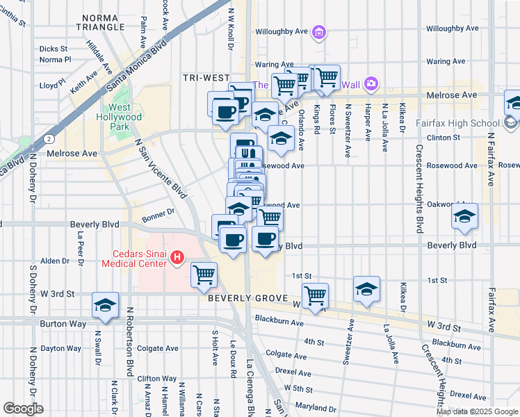 map of restaurants, bars, coffee shops, grocery stores, and more near 8472 Oakwood Avenue in Los Angeles