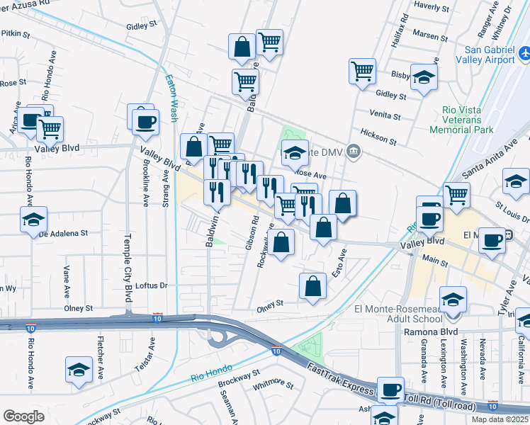 map of restaurants, bars, coffee shops, grocery stores, and more near 10117 Valley Blvd in El Monte