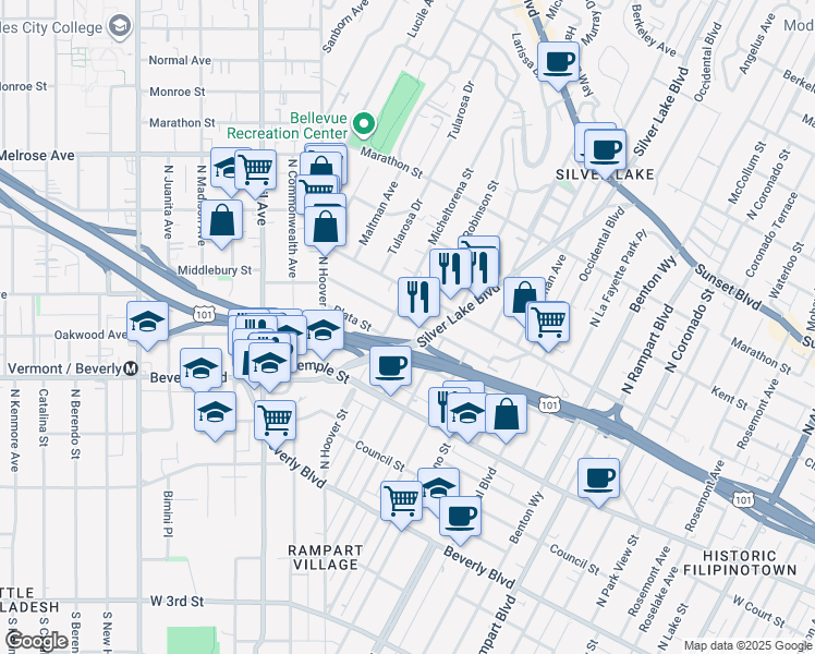 map of restaurants, bars, coffee shops, grocery stores, and more near 3317 London Street in Los Angeles