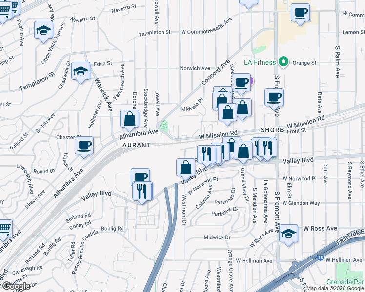 map of restaurants, bars, coffee shops, grocery stores, and more near 3201 West Mission Road in Alhambra
