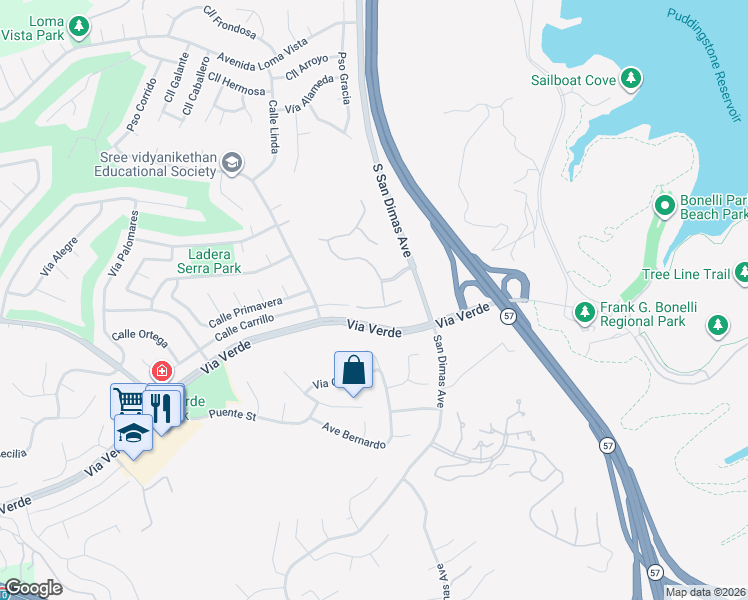 map of restaurants, bars, coffee shops, grocery stores, and more near 609 Calle Santa Barbara in San Dimas