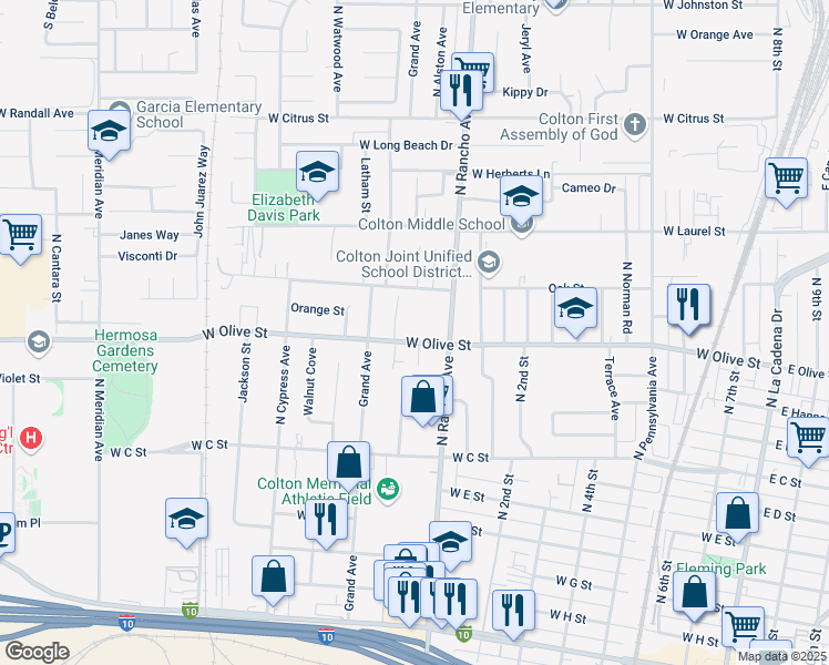 map of restaurants, bars, coffee shops, grocery stores, and more near 835 West Olive Street in Colton