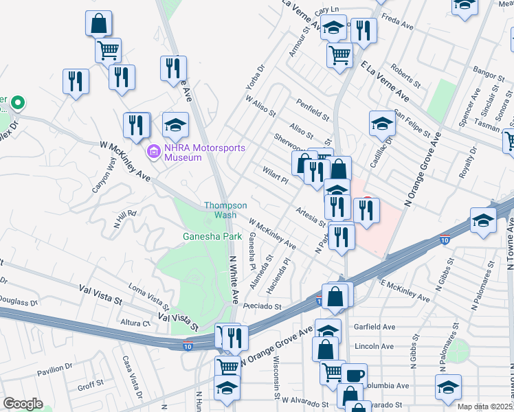 map of restaurants, bars, coffee shops, grocery stores, and more near 352 West Artesia Street in Pomona