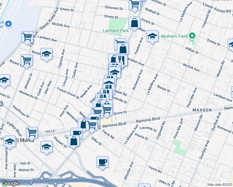 map of restaurants, bars, coffee shops, grocery stores, and more near 11601 Bryant Road in El Monte