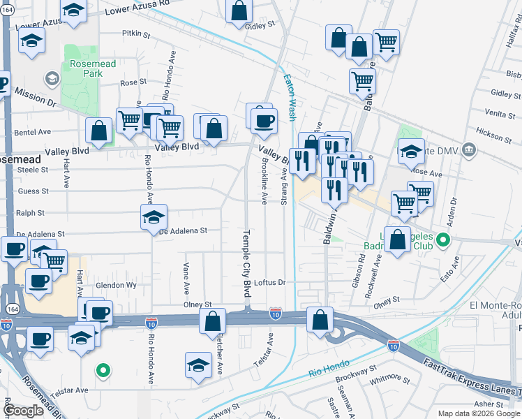 map of restaurants, bars, coffee shops, grocery stores, and more near 3803 Brookline Avenue in Rosemead